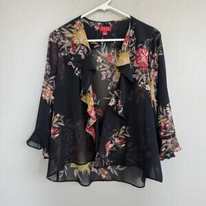 Elle Women’s Floral Cardigan Sz S 3/4 Bell Sleeves Ruffles Open Front Sheer